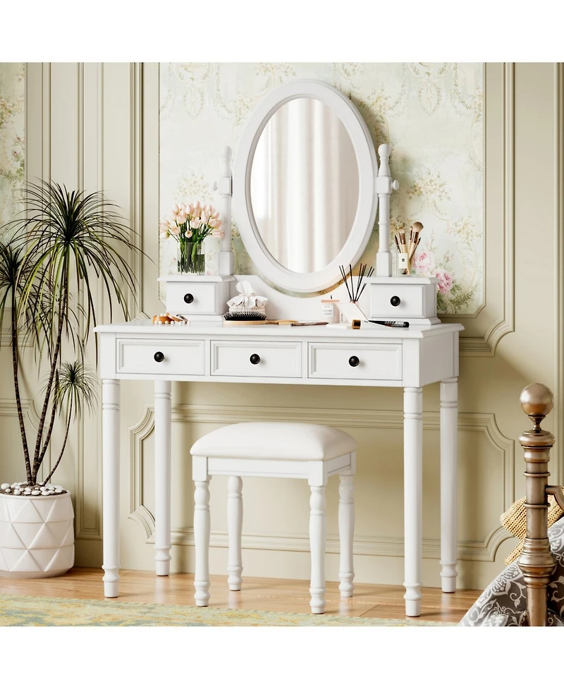 Streamdale Vanity Desk with Adjustable Mirror, Cushioned Stool & 5 Drawers - White