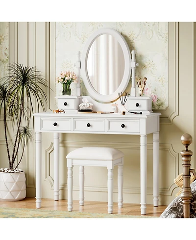 Streamdale Vanity Desk with Adjustable Mirror, Cushioned Stool & 5 Drawers - White