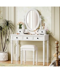 Streamdale Vanity Desk with Adjustable Mirror, Cushioned Stool & 5 Drawers - White