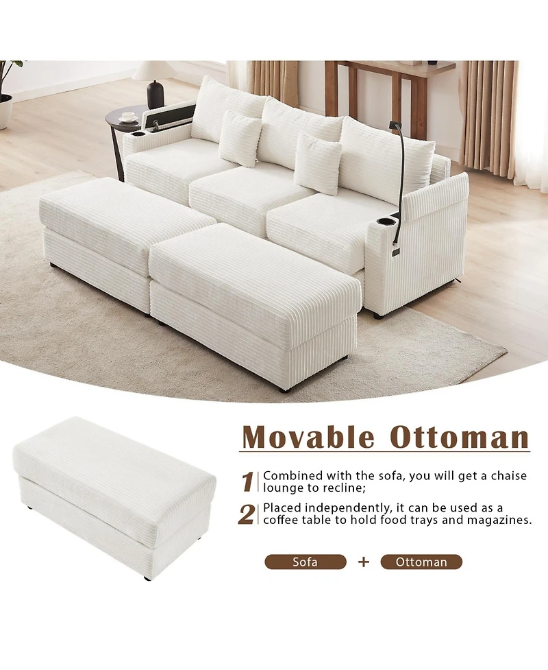 Streamdale Furniture Modern 3-Seater Sofa w/ Storage, Ottomans, Usb & Cup Holders – Beige