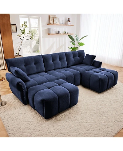 Streamdale Furniture Blue Chenille 3-Seater Sofa Set with Ottoman and Pillows