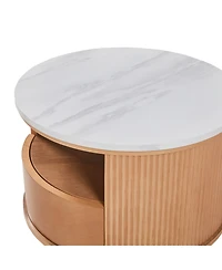 Streamdale Furniture Round Marble Top Nesting Coffee Table, 2-Tier Storage, Drawer, Natural, 28.5"