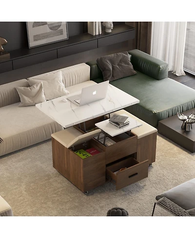 Streamdale Furniture Lift-Top Coffee Table with 4 Stools, Hidden Storage & Drawers