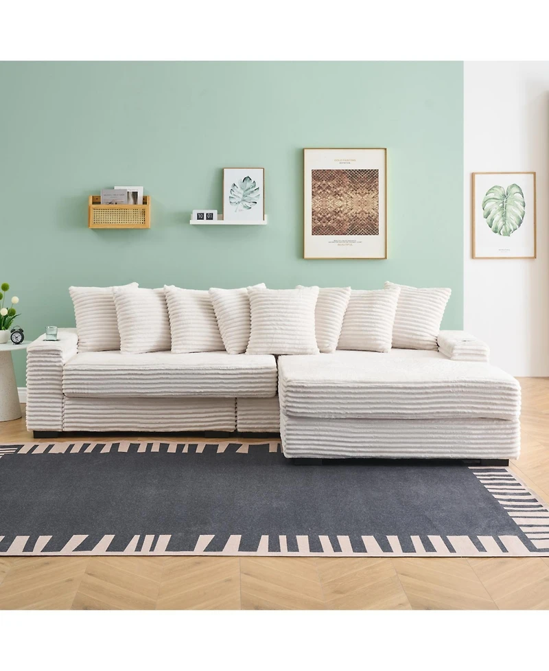 Streamdale Furniture Beige Corduroy Sofa w/ Cupholders, Lockers, Reversible Chaise