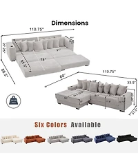 Streamdale Furniture Corduroy L-Shaped Sectional Sofa w/ Ottoman, Pillows & Cup Holders - Light Gray
