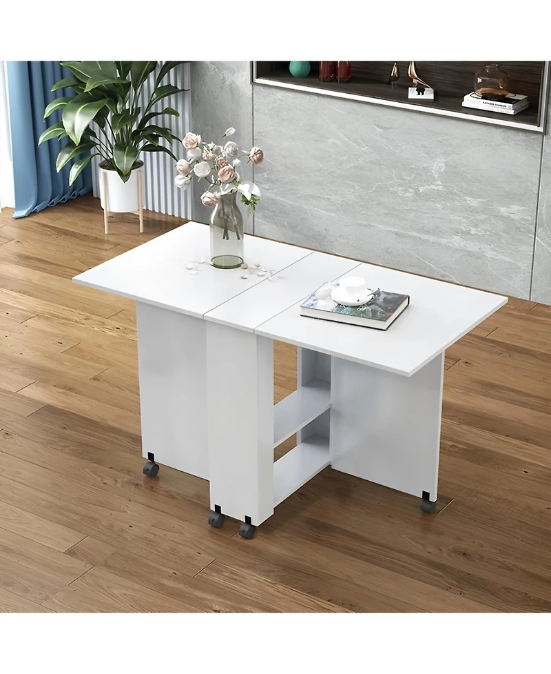 Streamdale Furniture Folding Drop Leaf Dining Table with Wheels & Storage - White