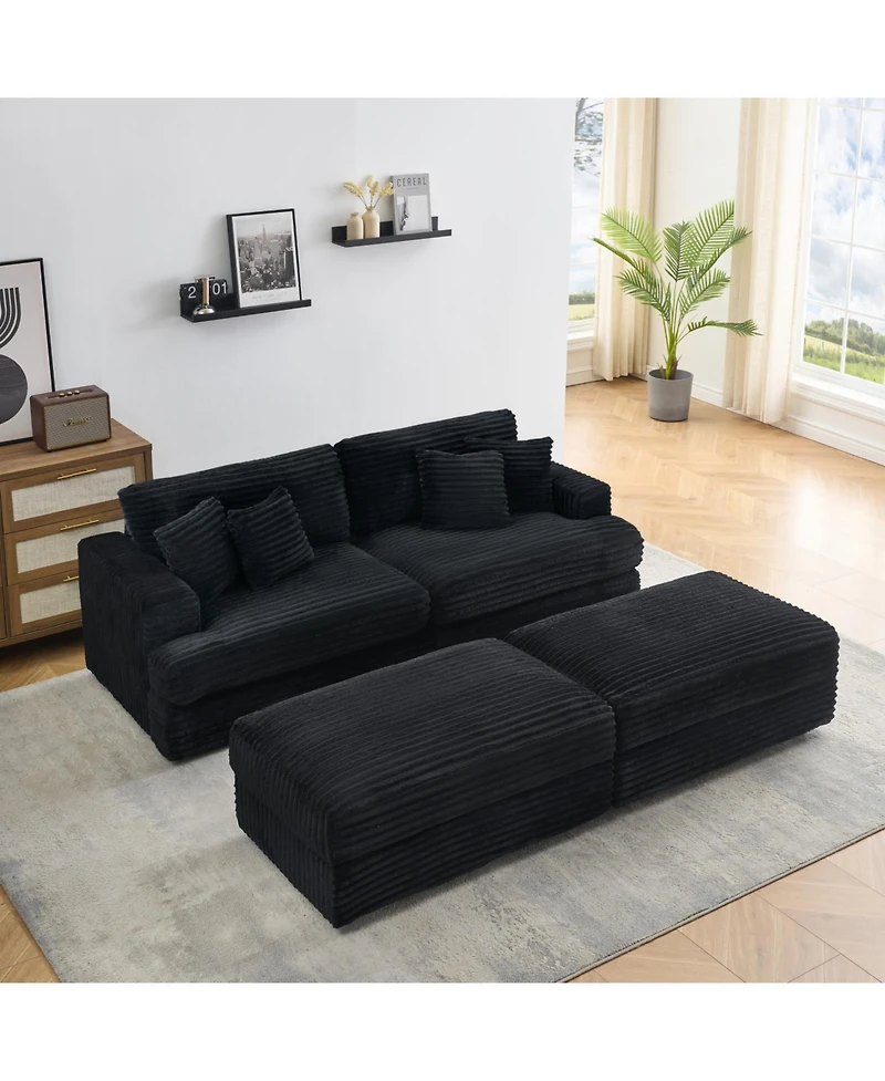 Streamdale Furniture Black Corduroy Sofa w/ Storage Legs & Pillows