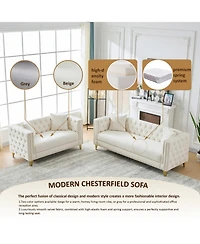 Streamdale Chesterfield Velvet Sofa, 3+2 Seater, Button Nailhead, Beige