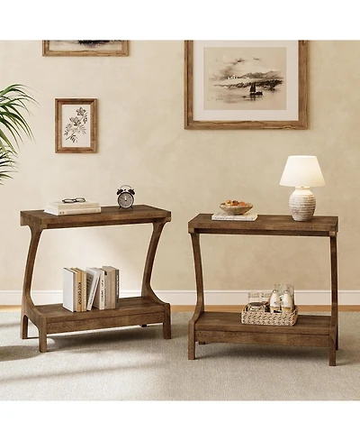 Tribesigns Solid Wood End Table Set of 2 with 2-Tier Storage Shelf, Narrow Side Table for Living Room, Bedroom, Small Spaces, Natural Wood