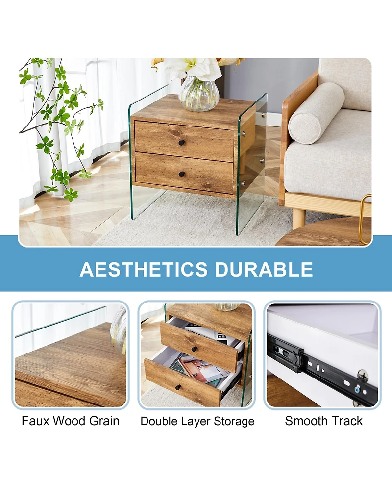 Streamdale Furniture Elegant Double-Drawer Glass Bedside Table