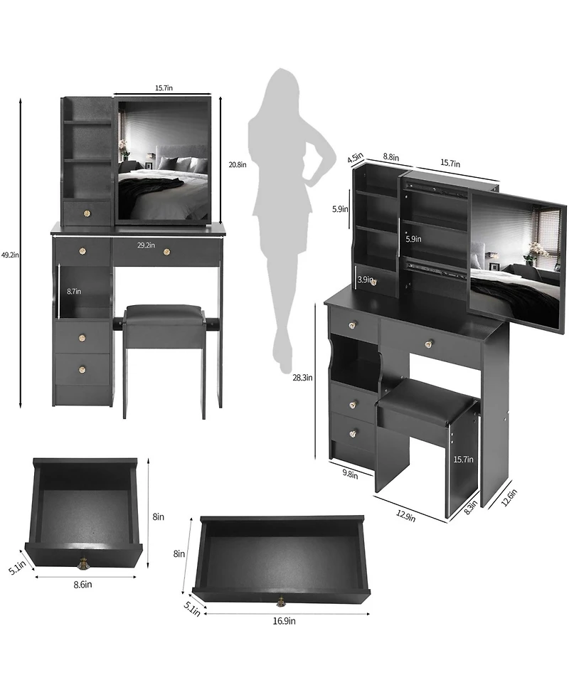 Streamdale Furniture Slim Vanity with Xl Sliding Mirror, Multi-Layer Storage, Cushioned Stool