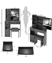 Streamdale Furniture Slim Vanity with Xl Sliding Mirror, Multi-Layer Storage, Cushioned Stool