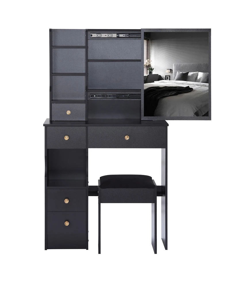 Streamdale Furniture Slim Vanity with Xl Sliding Mirror, Multi-Layer Storage, Cushioned Stool