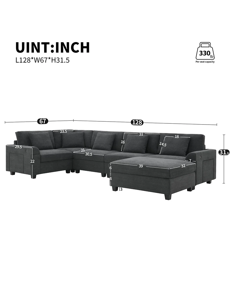 Streamdale Furniture 6-Seat U-Shaped Sectional Sofa with Ottoman, Storage, and Charging Ports