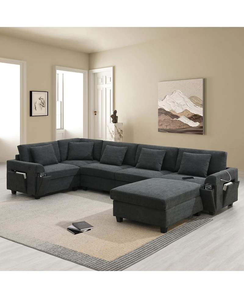 Streamdale Furniture 6-Seat U-Shaped Sectional Sofa with Ottoman, Storage, and Charging Ports