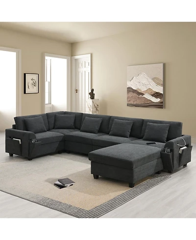 Streamdale Furniture 6-Seat U-Shaped Sectional Sofa with Ottoman, Storage, and Charging Ports