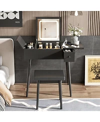 Streamdale Furniture 28" Black Vanity Desk with Flip-Top Mirror, Led Light, Charging Station, Drawers, and Stool