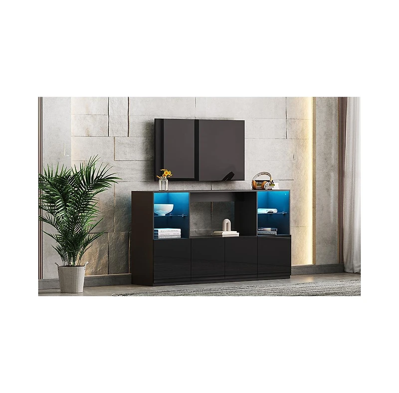 Streamdale Furniture High Gloss Tv Stand with Led Lights, Large Storage & Tempered Glass Shelves (Black, 67"Wx13.7"D)