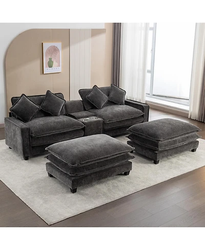 Streamdale Furniture Chenille Sectional Sofa w/Ottomans Usb Cup Holders & Storage