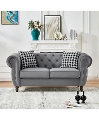 Streamdale Chesterfield Velvet Sofa Set, Roll Arm, Nailhead Trim, Gray