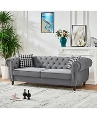 Streamdale Furniture Chesterfield Velvet Sofa Set, Roll Arm, Nailhead Trim, Mid-Century Modern, Gray