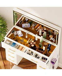 Streamdale Furniture 46" Glass Top Vanity Desk with Mirror, Stool, Power Outlet