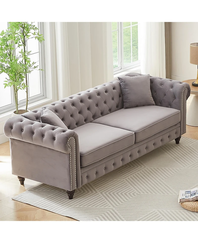 Streamdale Furniture Velvet Chesterfield Sofa 85.5" Rolled Arms 3 Seater Button Design + 2 Cushions
