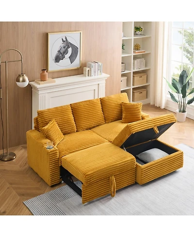 Streamdale Furniture 80" Corduroy Sofa with Reclining, Footstool, Cup Holders