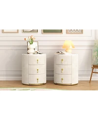 Streamdale Furniture Upholstered Nightstand 2 Set, 3 Drawers, Round, Beige