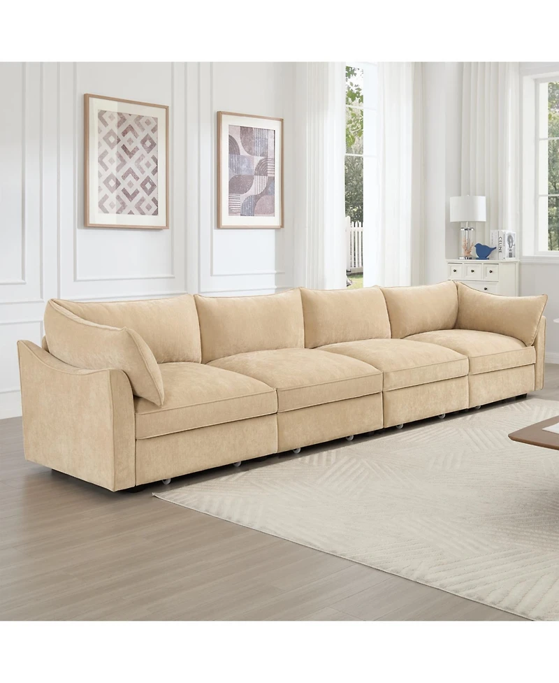 Streamdale Furniture Chenille 4-Seater Sofa w/ Underseat Drawers & Crescent Arms - Wheat