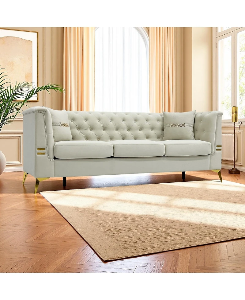 Streamdale Furniture Tufted Velvet Sofa, 82" 3-Seater Couch with Gold Legs