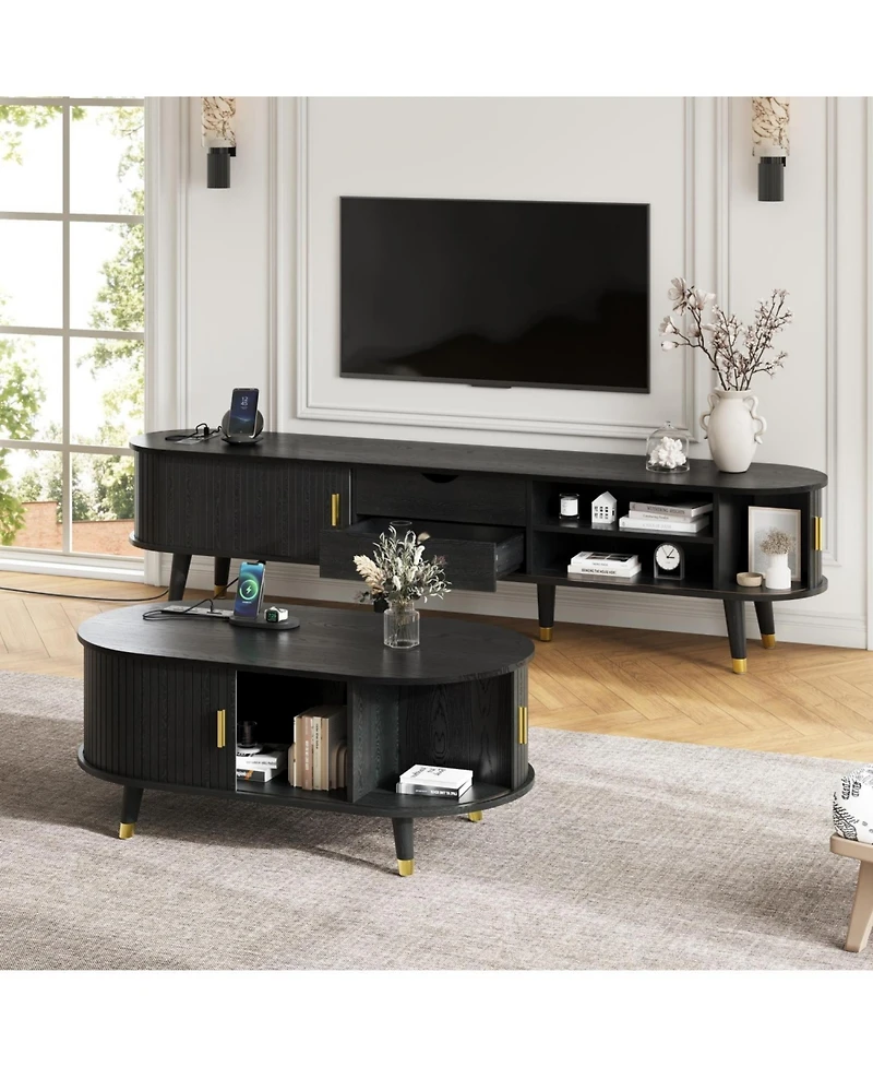 Streamdale Farmhouse Tv Stand & Coffee Table Set, Charging Station, Black