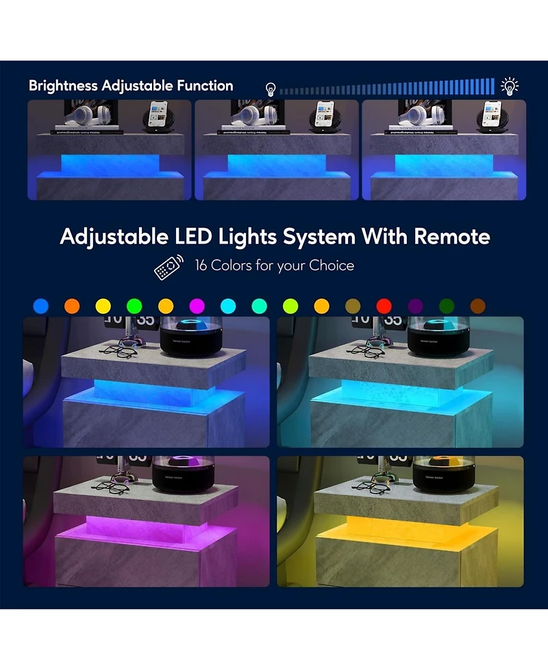 Streamdale Furniture Led Nightstand Bedside Table with 2 Drawers