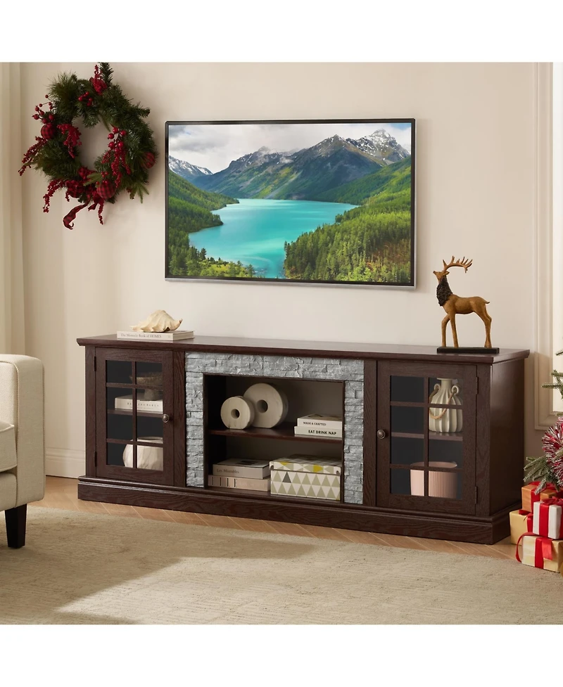 Streamdale Furniture 70" Modern Tv Stand, Faux Stone Media Console, Cherry Entertainment Center