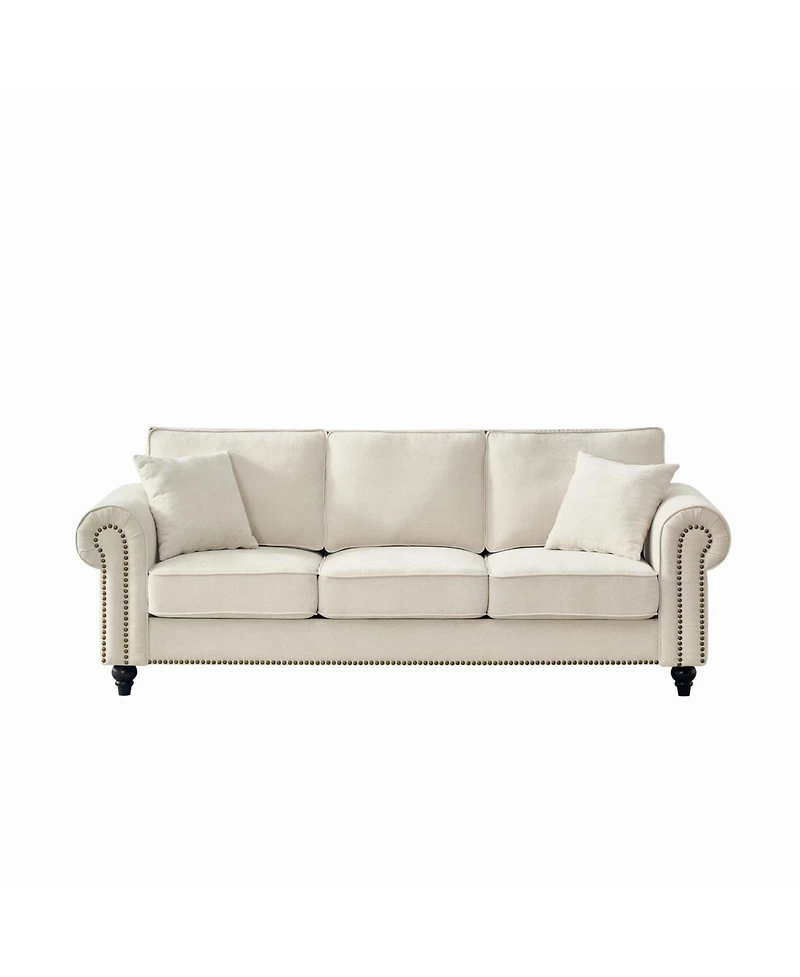 Streamdale Furniture 86" Modern 3-Seater Chenille Sofa with Rolled Arms & Nailhead Trim - Beige