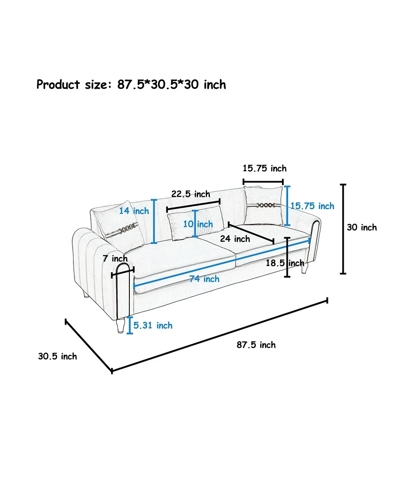 Streamdale Furniture Modern Plush 3-Seater Sofa with Pillows & Metal Legs