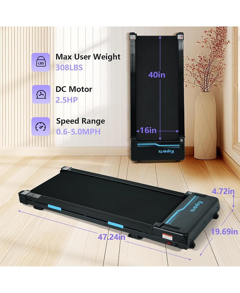 Ksports Under Desk Walking Pad Treadmill with Manual Incline and Wheels, 2.5 Hp