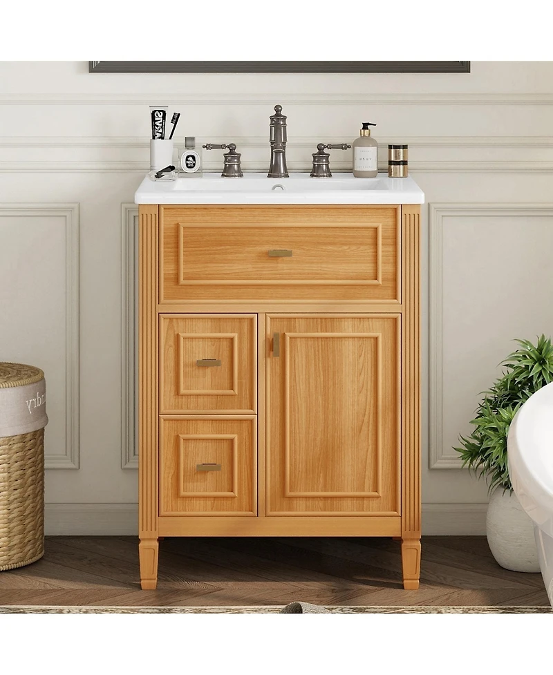 Clihome 24" Bathroom Vanity with Sink, Cabinet One Flip Drawer and Two Drawers, Adjustable Shelf, Solid Wood Mdf