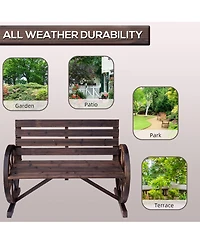 Outsunny Wooden Wagon Wheel Bench, 2-Person W/ Slatted Seat,