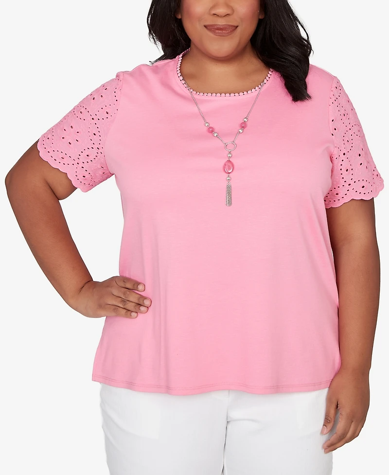 Alfred Dunner Plus Classic Solid Eyelet Sleeve T-Shirt with Necklace