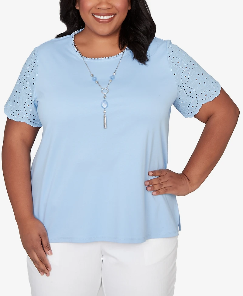 Alfred Dunner Plus Size Classic Solid Eyelet Sleeve T-Shirt with Necklace