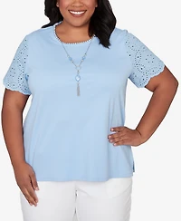 Alfred Dunner Plus Size Classic Solid Eyelet Sleeve T-Shirt with Necklace