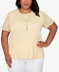 Alfred Dunner Plus Classic Solid Eyelet Sleeve T-Shirt with Necklace