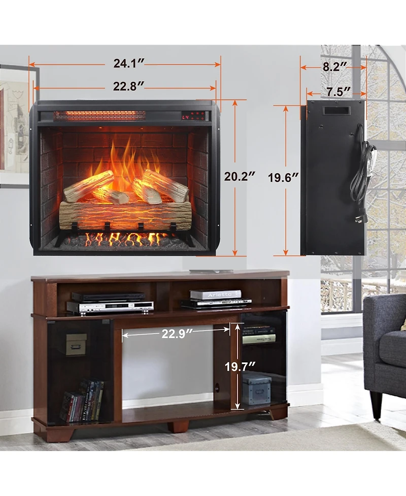 Flynama 23 inch Infrared heating electric fireplace insert, with log set & realistic flame, remote control with timer, overheating protection