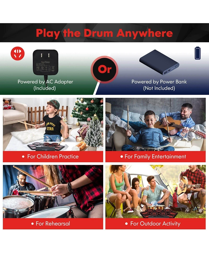 Hongge Portable Electronic Drum Set with Roll Up Pads Midi Connection and Dual Speakers