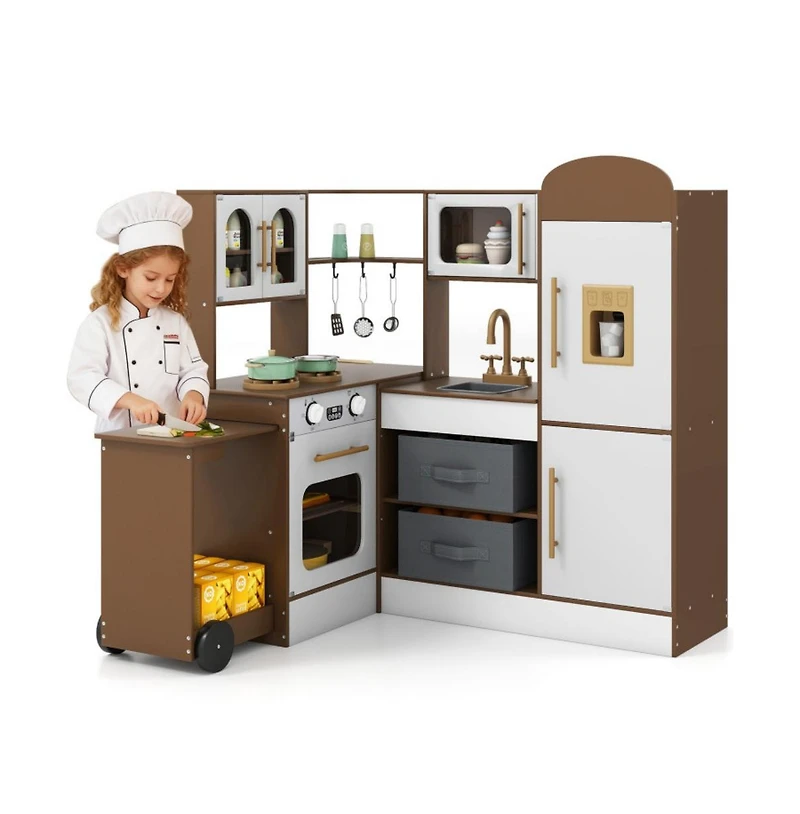 Hongge Kids Corner Wooden Play Kitchen with Lights Sounds Retractable Countertop and Storage