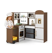 Hongge Kids Corner Wooden Play Kitchen with Lights Sounds Retractable Countertop and Storage