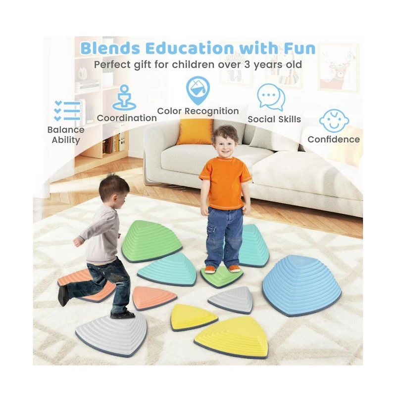Kids Balance Stepping Stones Set of Eleven with Anti Slip Design and Creative Obstacle Play