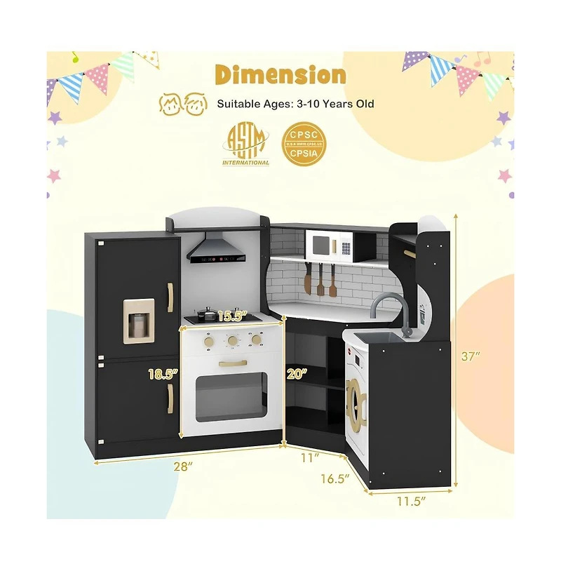 Kids Wooden Corner Play Kitchen Set with Storage and Pretend Cooking Features