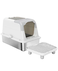 Aostirmotor Elegant Gray Enclosed Cat Litter Box with Scoop & Deodorizer Bag – Discreet Odor Control for Home